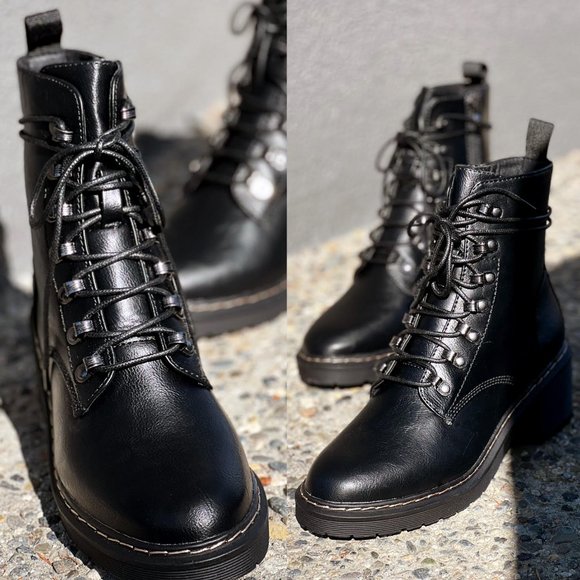 NEW Black Faux Vegan Leather Laced Up Lug Sole Platform Ankle Combat Boots Shoes - Picture 9 of 15